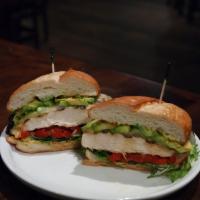 Grilled Chicken Sandwich · Grilled Chicken Breast, pepper jack cheese, roasted bell pepper, avocado, mixed greens, chip...