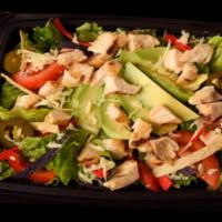 Santa Fe Salad · Chopped romaine, chicken breast, jalapenos, red peppers, fresh avocado, tomato, Pepper Jack ...
