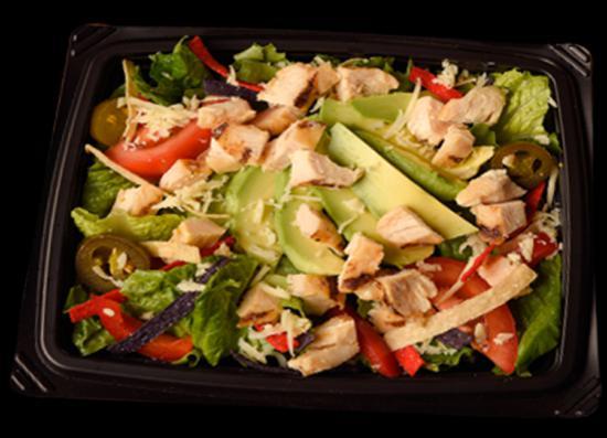 Santa Fe Salad · Chopped romaine, chicken breast, jalapenos, red peppers, fresh avocado, tomato, Pepper Jack and tortilla strips served with signature 