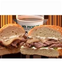 French Dip Sandwich · Harris ranch choice roast beef topped with provolone cheese and served with a creamy horsera...