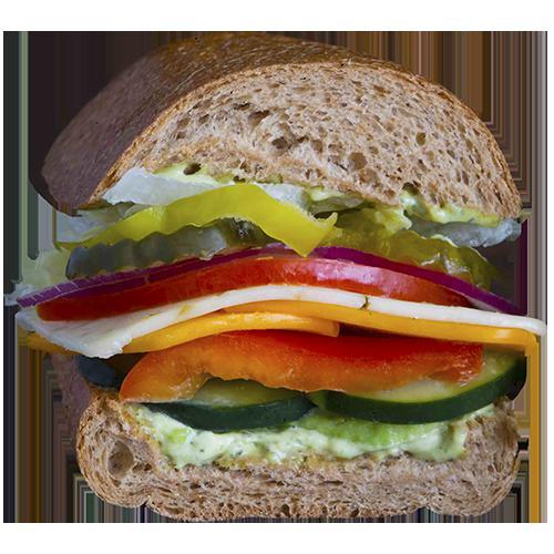 Vegetarian Pestoli Sandwich · Choice of cheese, pesto aioli, cucumbers, avocado, red bell peppers, tomato, onions, pickles, pepperoncinis, lettuce. Does not include everything.