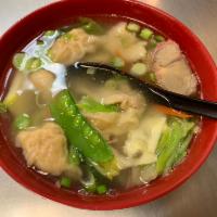 Wor Wonton Soup · Chicken wontons with vegetables, chicken, BBQ pork and shrimp. Served in light house broth.