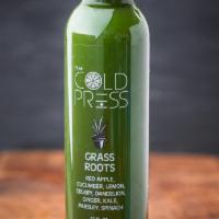 Grass Roots Juice · Kale, spinach, dandelion, parsley, cucumber, celery, apple, lemon and ginger.
