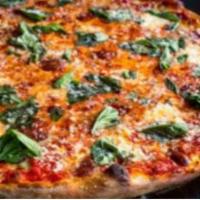 Margherita Pizza Pie · Olive oil, plum tomato, fresh basil and a blend of cheeses.