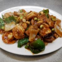 88. Kung Pao Shrimp · Shrimp with water chestnuts, bell pepper, celery, onion and peanuts in kung pao sauce. Hot a...
