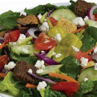 Farmer's Market Salad · Mixed greens, cucumbers, carrots, feta, tomatoes, red onions, pepperoncinis & croutons with ...
