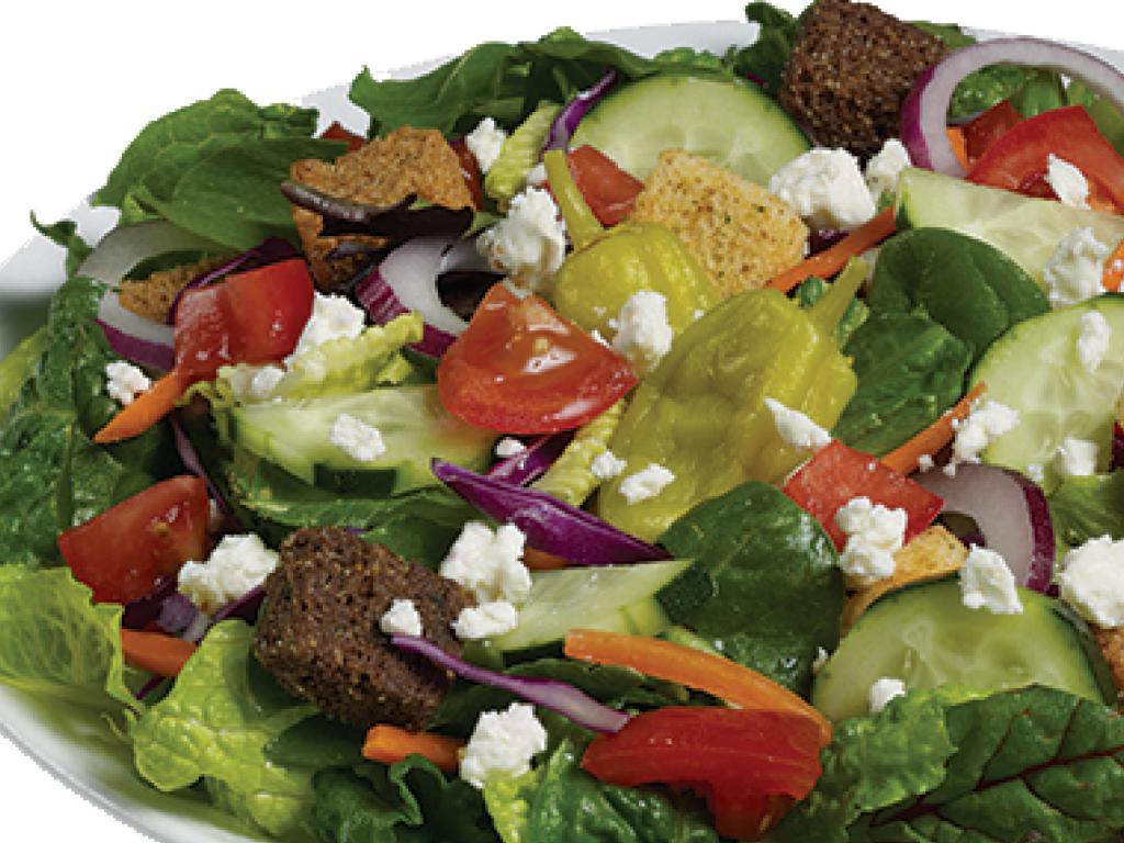 Farmer's Market Salad · Mixed greens, cucumbers, carrots, feta, tomatoes, red onions, pepperoncinis, and croutons with Italian dressing.