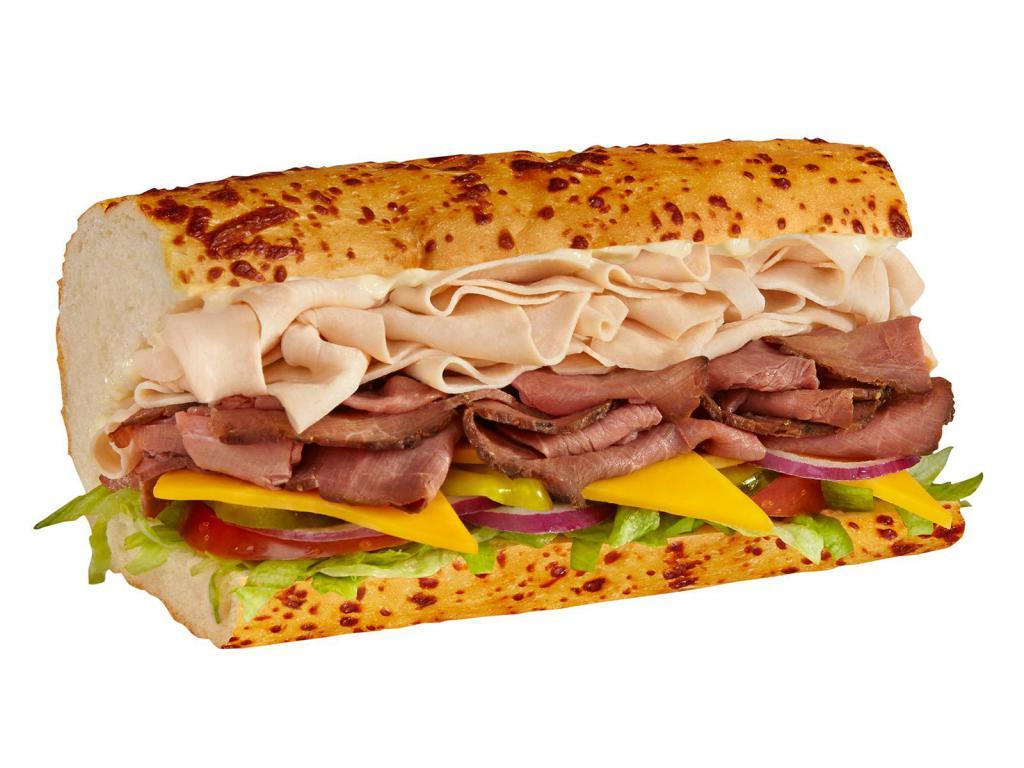 8. Turkey, Roast Beef and Cheese Cold Sandwich · Over 1/4 lb. of medium rare roast beef and turkey with mayo, served Togo's style.