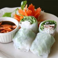 AP4. 2 Piece Fresh Basil Roll · Rice paper rolls filled with lettuce, bean sprouts and shrimp accompanied with plum sauce.