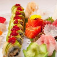 J39. Sushi and Sashimi Deluxe Combo · 6 pieces sushi, 9 pieces sashimi and 1 shrimp tempura roll. Served with ginger salad and mis...