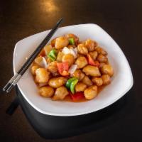 43. Sweet & Sour Chicken甜酸肉 · Cooked with or incorporating both sugar and a sour substance.