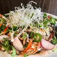 Thai Salad · Green leaf lettuce, chicken, green cabbage, bean sprouts, carrots, radishes, red bell pepper...