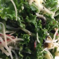 Kale Salad (large) · Chopped Kale tossed in an Apple Cider Vinaigrette mixed with shredded cheese, radish, walnut...