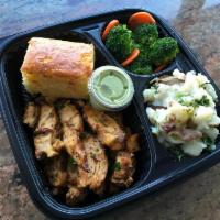 Halal Chicken Breast Dinner · Grilled sliced Halal chicken breast served with white or brown rice, steamed broccoli/carrot...