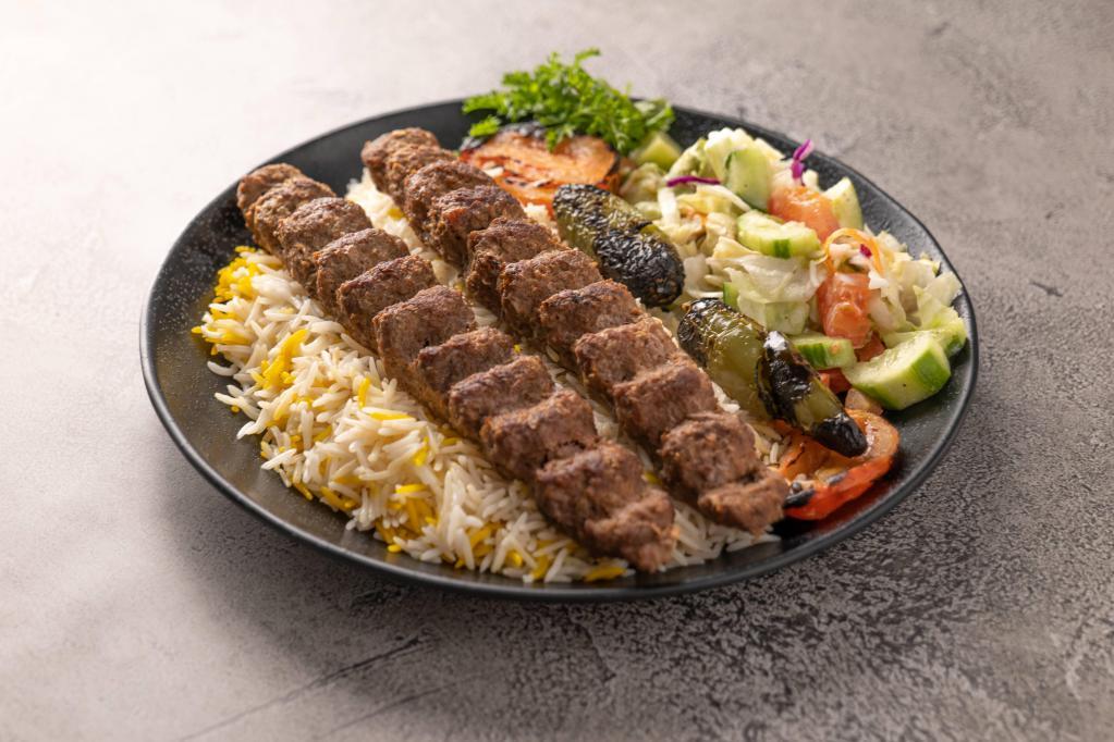 Beef Luleh Kabob Plate · 2 skewers of ground beef kabob, rice and salad.