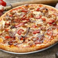Wham, Bam, Thank You Mammoth Pizza · Italian sausage, roasted red peppers, caramelized onions, Parmesan, tomato sauce and mozzare...