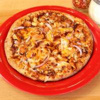 Kickin' Chicken Pizza · Chicken marinated in a spicy ginger peanut sauce, peanuts, green onions, Swiss, fontina, fre...