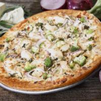 Poultry Geist Pizza · Chicken marinated in a tangy ranch sauce, broccoli, red onions, Swiss, fontina, Gorgonzola, ...