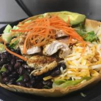 Santa Fe Salad · Cajun chicken, black beans, avocado, roasted corn, Jack cheese tortilla Bowl 