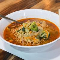 Spicy Shin Ramen · Korean style spicy ramen with mixed vegetables, eggs and scallions.
