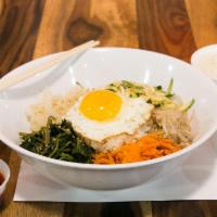Bibimbap · 5 kinds of vegetables served with white rice and fried egg, drizzled with sesame oil, sprink...