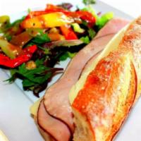 Ham and Emmental Swiss Cheese Baguette Sandwich · Served with lettuce, tomato, bell pepper, onion and tatziki sauce. Served with your choice o...