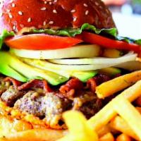 Bistro Filet Mignon Burger · 1/2 lb. of fresh ground prime grade Angus beef topped with bacon, tomato, avocado, mustard s...