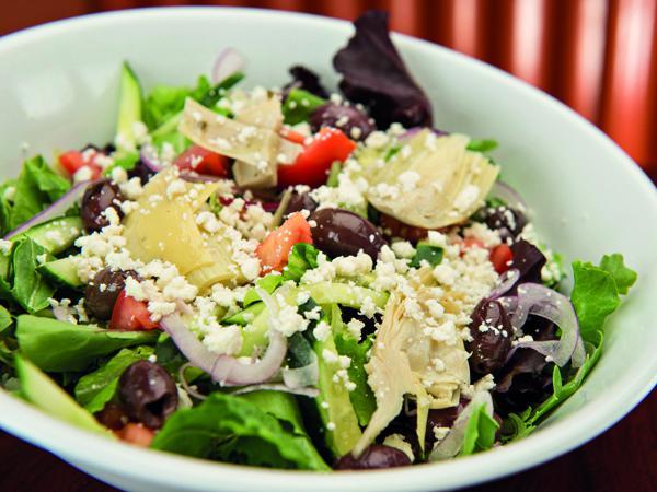 Mediterranean Salad · Mixed greens, tomato, cucumber, red onion, feta, artichoke hearts, olives and balsamic dressing.
