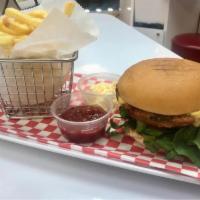 Veggie Burger · Soy Burguer, lettuce, tomato, american cheese, mayonnaise, ketchup, bake potatoes - air fry ...