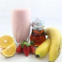 16. Fruit Punch Power Smoothie · Bananas, strawberries, orange juice, strawberry protein and honey.