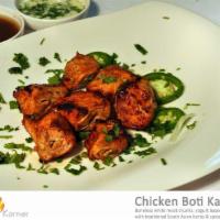 Chicken Boti Kabob Platter · Boneless chicken breast marinated with medium hot spices blended with yogurt and grilled ten...