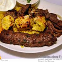 Combination Feast · Served with Shish kabob, Kifta Kabob, Chicken kabob, and Beef Shawarma.