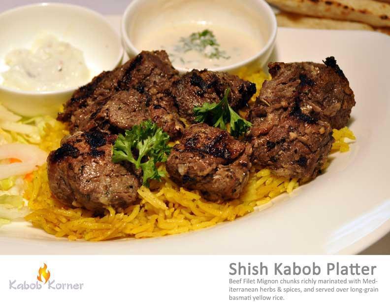 Shish Kabob · Beef fillet mignon chunks richly marinated with traditional Mediterranean herbs and spices.