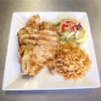 10. Grilled Plate Combo Platter · Marinated boneless and skinless chicken breast.