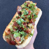 Hawaiian Hot Dog · Bacon, pineapple salsa, green onions and honey dijon mustard.