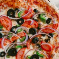 Vegetariano Pizza · Tomato sauce, mozzarella cheese, tomatoes, mushrooms, green peppers, red onions and black ol...