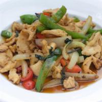 Pad Ka Paw · Choice of meat with onion, bell peppers and basil. Spicy.
