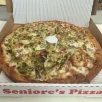Pesky Chicken Pizza · White garlic sauce, grilled chicken, onions, Canadian bacon, baby spinach and pesto.