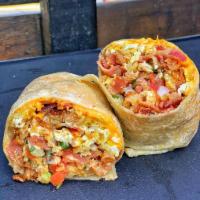 Impossible Breakfast Burrito · Impossible plant based protein, flour tortilla, eggs, cheese, pico de gallo, hash browns, an...