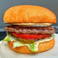 Hamburger · 100% beef patties on toasted bun, lettuce, tomatoes, onions, pickles, 1000 Island sauce.