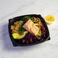 Salmon Power Bowl · 4 oz. salmon with mesclun greens, beets, kidney beans, broccoli, stir-fried veggies, quinoa ...
