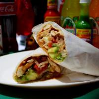 Pollo Burrito · Chicken, rice, beans, lettuce and cheese.