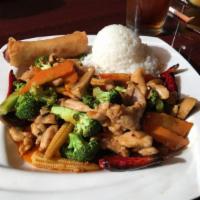 Broken Chili · Szechuan-style preparation, broccoli, carrot, baby corn and mushroom. Served with choice of ...