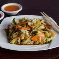 Imperial Dynasty  · Stir-fried prawn, chicken and beef with vegetable medley. Served with choice of rice. 