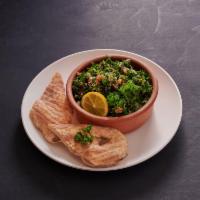 Tabouleh Brunch · Parsley, mint, onion, tomato, burgul, olive oil, and lemon dressing.