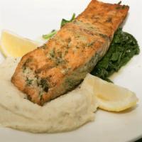Grilled Salmon · Mashed potatoes, garlic and spinach.