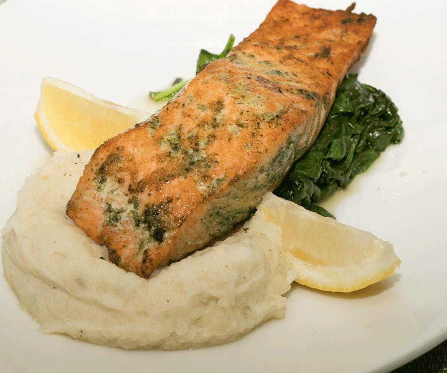 Grilled Salmon · Mashed potatoes, garlic and spinach.
