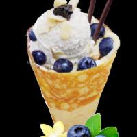 9. Bluebery NY Cheesecake Crepe · Blueberries, blueberry reduction, whipped cream cheese, custard cream, whipped yogurt, vanil...