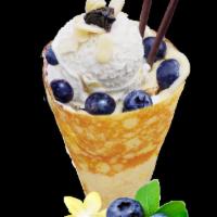 9. Blueberry NY Cheesecake Crepe · Blueberries, blueberry reduction, whipped cream cheese, custard cream, whipped yogurt, vanil...