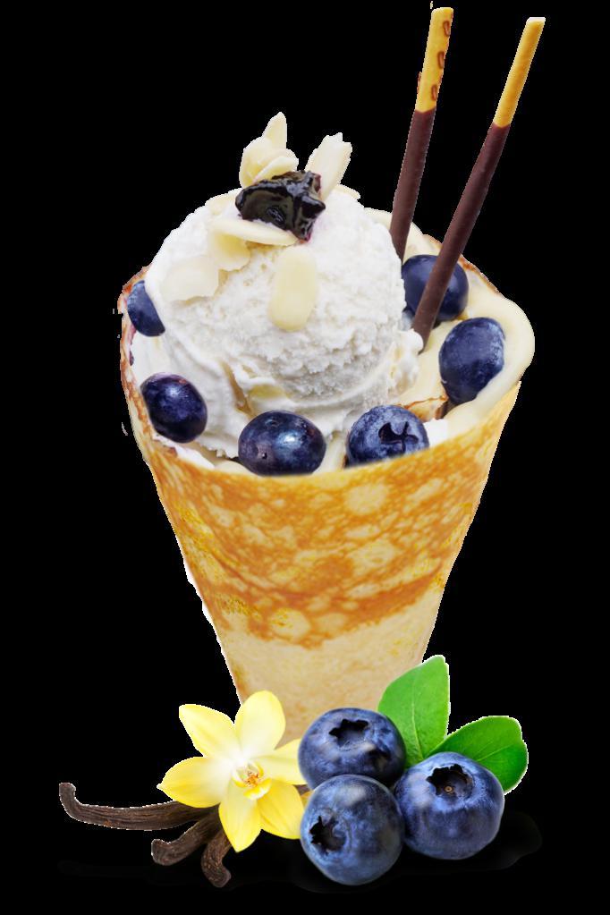 9. Blueberry NY Cheesecake Crepe · Blueberries, blueberry reduction, whipped cream cheese, custard cream, whipped yogurt, vanilla ice cream (gelato), almonds, chocolate pocky sticks.